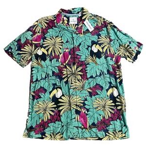 CARIBBEAN Roundtree & Yorke Mens L Tropical Floral Toucans Shirt Hawaiian‎ Shirt